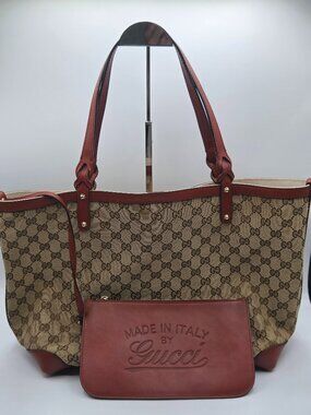 Gucci GG Canvas Craft Tote | Beige &amp; Reddish-Brown Leather | Matching Pouch